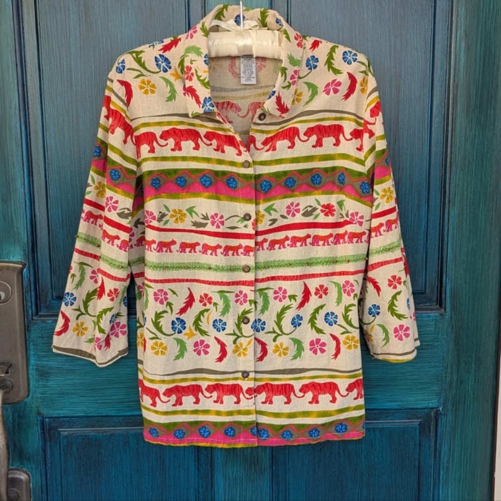VTG Jungle Rainforest Inspired Jaguar Beaded Button Up Shirt